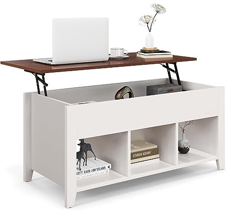COSTWAY Couchtisch höhenverstellbar, Sofatisch mit hebeplatte Stauraum & 3 offene Regale, Beistelltisch aus Holz, Kaffeetisch Teetisch für Wohnzimmer (Weiß)
