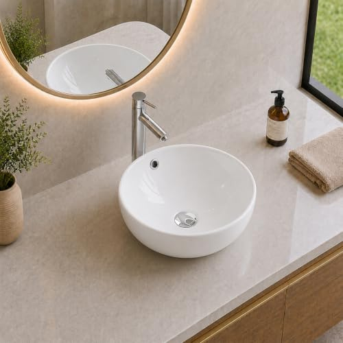 BELOFAY Counter Top Bathroom Sink Basin – Modern White Ceramic Wash Basin with Scratch-Resistant Gloss Surface – Sink basins for Cloakroom,Vanity Cabinet and Bathrooms(Round with Over Flow)