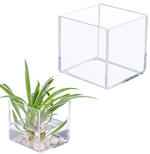 Kamehame Transparente Vase, Acrylvase, 10,2 x 10,2 x 10,2 cm, quadratisch, würfelförmige Vasen für Tafelaufsätze, Blumenvase für Zuhause, Büro, Hochzeit, Blumendekoration, KA22001, 2 Stück