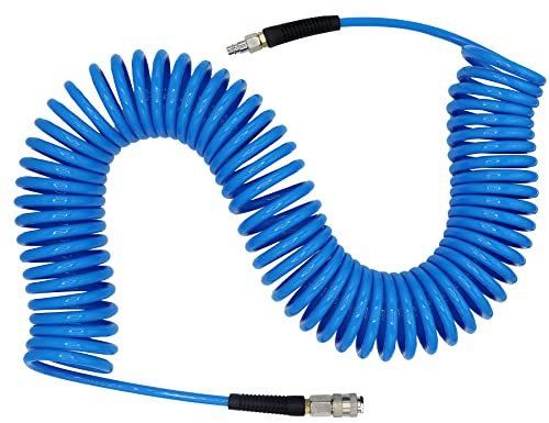 YOTOO Air Compressor Hose Polyurethane Recoil 15m Long 6mm ID x 9.5mm OD with Bend Restrictor, 1/4 Europe Quick Coupler and Plug, Blue