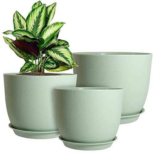 WOUSIWER Lot de 3 Pots de Fleurs décoratifs Modernes en Plastique avec Trous de Drainage et soucoupes, pour Plantes d'intérieur et d'intérieur, Vert, 26,4 cm