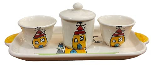 Generico Amarcord Set Caffè 2 tazzine con zuccheriera in ceramica fatto e dipinto a mano con disegni casetta gialla