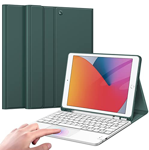 FINTIE Hülle mit Tastatur für iPad 9./8./7. Generation (10.2 Zoll) | Magnetisch abnehmbare deutsche Bluetooth-Tastatur mit Touchpad, weiche Schutzhülle mit Stifthalter, Nachtgrün