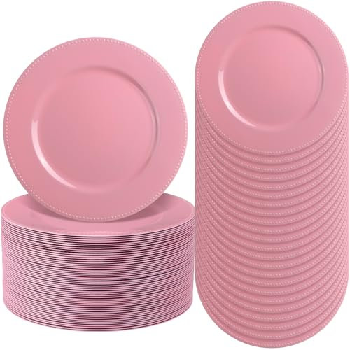 Dandat 150 Pcs Painted Charger Plates with Beads, 13 Light Luxury Round Vintage Charger Plates Table Decoration Charger Plates Reusable Dinner Charger Plates for Dining Table Wedding (Pink)