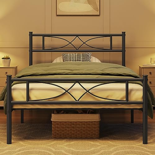 Yaheetech Metallbett 90 x 190 cm Bettrahmen mit Hohem Kopfteil Gästebett mit Lattenrost für Schlafzimmer Gästezimmer Viel Stauraum unter dem Bett Schwarz