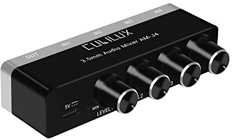 Cubilux Mixer audio a 4 canali da 3,5 mm, mini mixer audio a bassissimo rumore per, commutatore audio a 4 canali da 1/8 DC 5 V, adatto per sistema audio per smartphone, chitarre, bassi, tastiere