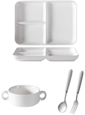 Fodalob Keramik-Milch-Müslischale und 3-teiliger Teller, mikrowellengeeignetes Suppen-, Salat- und Dessertschalen-Set, weißes Geschirr-Set, 4-teilig