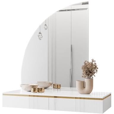 lukmebel - Schminktisch mit Spiegel - Schminkspiegel mit Beleuchtung und Schubladen - Konsolentisch Schmal Hängend - Make Up Tisch Frisiertisch Kosmetiktisch Glanz Weiß Gold - Aurora-Q