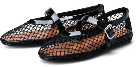 Adrizzlein Mesh Ballet Flats for Women Fishnet Ballerina Flats Buckle Strap Mesh Ballet Shoes Wide Width Casual Summer Dress Flat Shoes, Black, 6 UK