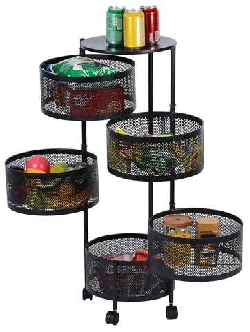 yulewiix - Carro de almacenamiento de cocina de 5 niveles, cesta giratoria circular con ruedas de 360 grados, gran estante de metal para frutas y verduras con tapa superior para sala de estar