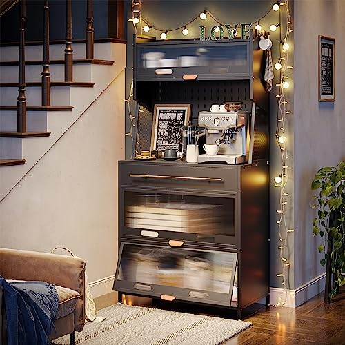 NETEL Halboffen Küchenschrank mit Arbeitsplatte und Schubladen, Bäckerregal Küche, Mikrowellenschrank,Küchenregal Stehend mit Türen, Küchenbuffet Buffetschrank, Kaffeeschrank, Schwarz, 80x42x168cm