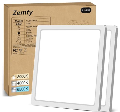zemty 2Pack Deckenlampe LED Deckenleuchte Flach, 3Farben - 3000K/4000K/6500K, IP44 Wasserfest Quadrat Badlampe Decke, 1800LM Modern LED Decklit für Flur küche Badezimmer Schlafzimmer Büro, Ø18CM