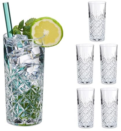 Relaxdays Bicchieri da Cocktail e Long Drink, Tumbler Alti da 300 ml, Calici in Vetro per Gin Tonic, Mojito, Trasparenti, HxD: 15 x 7 cm