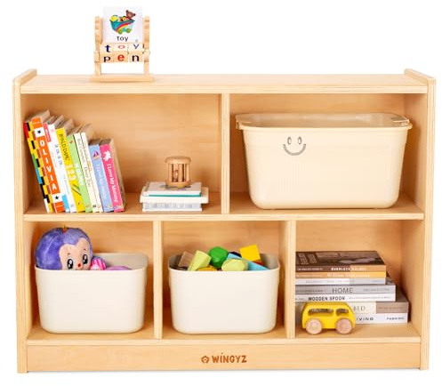 wingyz Wood Storage Shelf Organizer, 35.4 L, 5-Section Montessori Kids Toy & Book Shelf, Wooden Cabinet for Kids Rooms, Playroom, Classroom, Nursery, Preschool Furniture - Nature