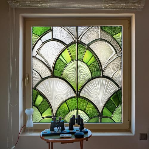 Window Film Privacy 100Cm X 100Cm Green Geometry Privacy Film for Glass Windows,One Way Stained Glass Blackout Window Film,Opaque Window Tint,Bathroom Window Cover Self Adhesive Patterned