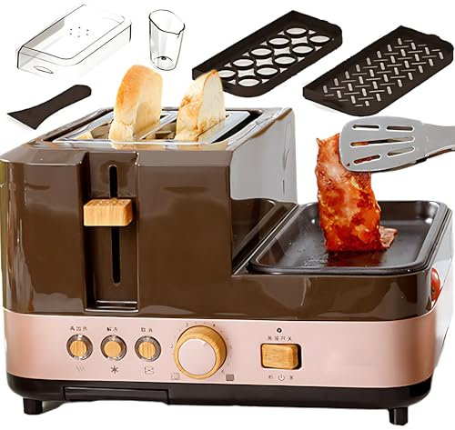 Stazione per la Colazione 4 in 1, Macchina per la Colazione elettrica da 850 W con Padella e Padella per Uova sode, 6 Livelli di Controllo della Temperatura e Rimbalzo Automatico, tostapane