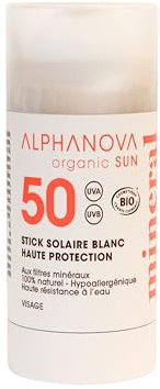 ALPHANOVA Stick solaire Visage SPF50+ Blanc - Surf & Sports - Naturel et BIO - Ecran minéral -15g