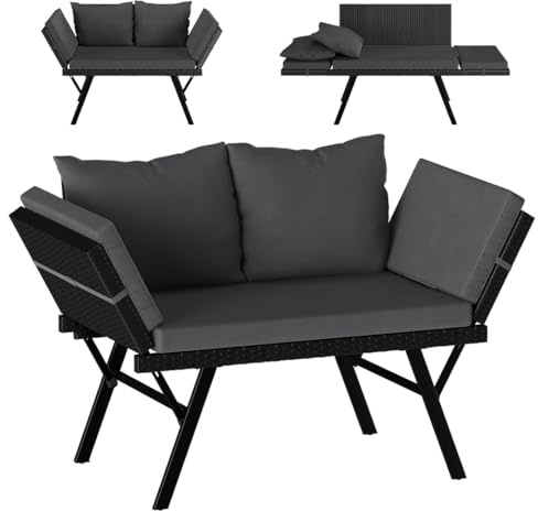 STEELSØN Elytra Rattan Gartenbank Schwarz mit Auflage, klappbar, wetterfest | Loungesofa mit verstellbaren Armlehnen, Sonnenliege, Terrassensitzbank mit Liegefunktion bis 177 cm, Outdoor Gartencouch