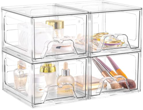Plastic Drawers Storage, 4 Pack Clear Stackable Storage Drawers, Acrylic Storage Bins with Drawers for Fridge Organizers, Small PlasticDrawers Stackable for Makeup Organizers Cosmetic Display