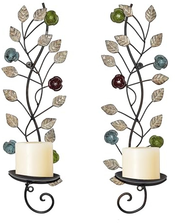 Wall Candle Sconces Set of 2 Wall Mounted Metal Candle Holder, Distressed Sconces Wall Decor with Flower Leaves for Hallway Bedroom Living Room Fireplace
