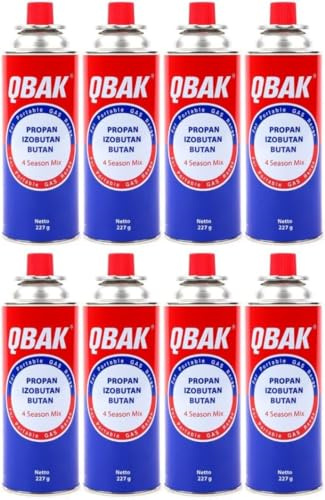 RevolutionLine - Pack de 8 Cartuchos de Gas Butano Modelo B-250 QBAK | Recambio Gas Propano para Cocina Portátil, Hornillo, Soplete, Soldador, Camping | Cartucho desechable con válvula de Seguridad