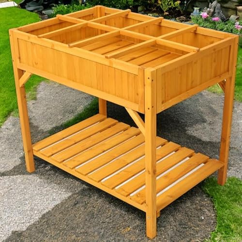 Jardinière surélevée à 2 Niveaux avec 8 grilles, en Bois de Sapin 100% Naturel, pour Un Jardinage Facile, Hauteur idéale pour Les Plantes (Marron)