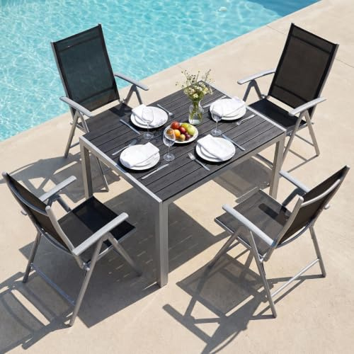 LIFERUN Gartenmöbel Set 5 Teilig, Balkonmöbel & Sitzgruppe Outdoor | 110x70cm WPC Tisch & 4 Aluminium Hochlehner Klappstühle, Wetterfest Terrassenmöbel außen, Silber Grau