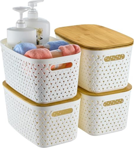 Sagittar 4er-Set Aufbewahrungsboxen mit Bambusdeckel, Kunststoff-Körbe mit Rattanoptik, Große Kapazität Aufbewahrungsbox für Couchtisch, Frisiertisch, Küche und Aufbewahrung von Spielzeug (Weiß)