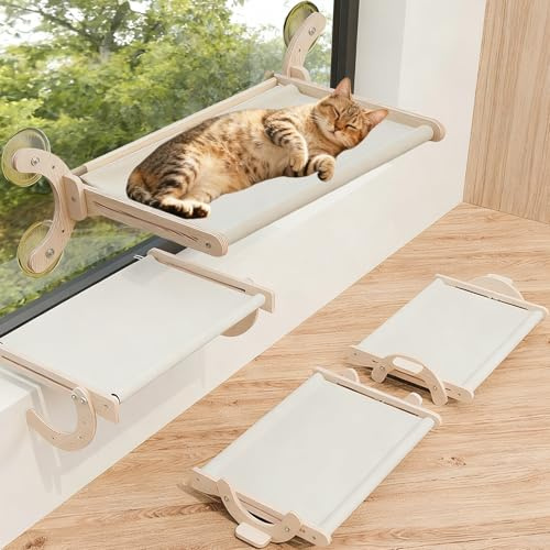 Tianher Hamaca Gato Ventana,4 in 1 Plegable Madera Hamaca Cama Gato Ventana Reclinable para Gatos de hasta 20kg Grande para Siesta y Tomar el Sol (45 * 40cm)