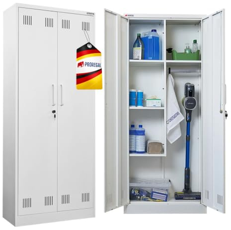 PROREGAL Armadio per le pulizie RHINO in metallo 2 ante con serratura porta scope stretto 170x70x30cm 5 scomparti e asta appendiabiti acciaio bianco
