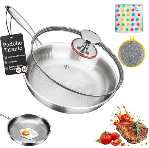 Generico Padella Titanio Puro, Padella in Titanio Titanium Pro Senza Rivestimento con Manico Rimovibile 20/24/26/28/30 cm, Compatibile Induzione Gas Elettrico (Con Coperchio, 24 cm)