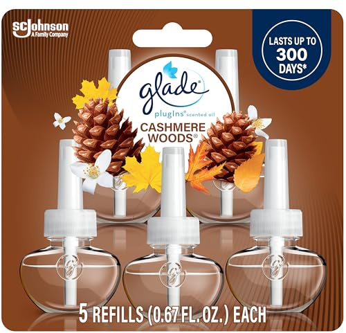 Glade PlugIns Refills Air Freshener, Scented and Essential Oils for Home and Bathroom, Cashmere Woods, 3.35 Fl Oz, 5 Count