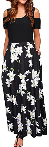 STYLEWORD Women's Summer Cold Shoulder Short Sleeve Maxi Dress Floral Print Elegant Long Dress with Pockets(Floral01,L)