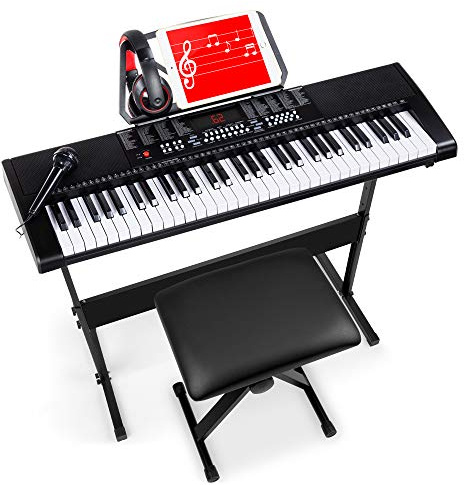 Best Choice Products 61-Key Electronic Keyboard Piano Portable Electric Keyboard Complete Beginner Set w/LED Screen, Stand, Bench, Headphones - Black