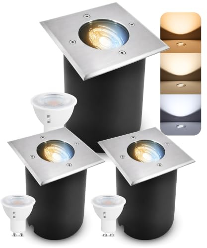 SSC-LUXon JUAVI LED Bodenstrahler Set dimmbar schwenkbar IP67 - mit LED GU10 7W warmweiß 230V - 3x Einbaustrahler Boden eckig