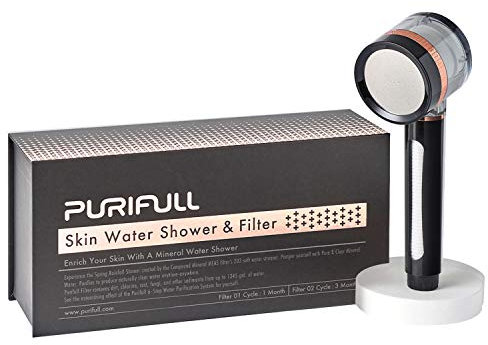 Purifiull Pommeau de douche tout-en-un pour peau minérale + 2 filtres intégrés pour éliminer le chlore et les substances nocives et améliorer la peau et les cheveux (noir rose doré)