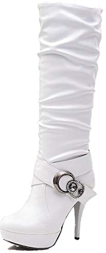 ORANDESIGNE Eleganti Stivali Donna Stivali con Tacco Alto con Plateau Tacco Alto Sottile Stivali con Fibbia della Cintura di Strass C Bianco 38 EU