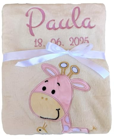 Wuff-Dogsworld Babydecke mit Namen und Geburtsdatum Bestickt, personalisierte Kuscheldecke, viele Motive & Farben, Geschenk zur Geburt für Mädchen & Jungen (beige Giraffe rosa)