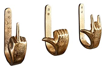 Kleiderhaken Set FINGERS 17cm - gold - Metall 3 Handzeichen Wandgarderobe | Montiert geliefert, handgefertigtes Unikat, pflegeleichte Oberfläche, elegante Oberfläche, authentischer Used-Look