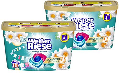 Weißer Riese Universal Trio-Caps Aromatherapie Essentials 32 (2x 16) Wäschen, Waschmittel mit Lotus & Mandelöl, pflegendes Vollwaschmittel mit ätherischen Ölen, die zu 100% natürlich sind