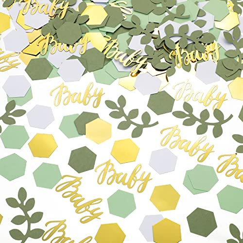 220 Pcs Greenery Baby Shower Confetti Table Decoration with Eucalyptus Sage Green Gold Paper Neutral Confetti Scatter Hexagon Shape for Baby Girl Boy Gender Reveal Birthday Party Decor(Fresh Color)