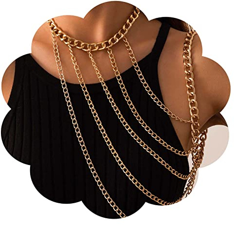 Yienate Gold Cuban Body Chain - Boho Multi Layer Chunky Choker Necklace Shoulder Chain - Women's/Girls Gift