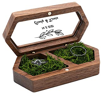 Jinlinjew Personalisierte Ringschatulle aus Holz, Verlobungsringschatulle für 2 Ringe, individuell gravierter Text und Datumsträger, mit durchsichtiger Schmuckaufbewahrungsbox