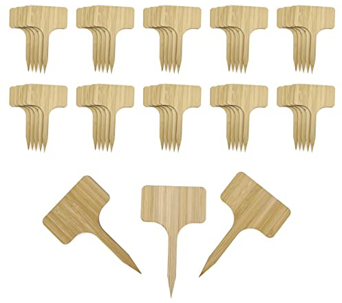 JZK 50x Etiquetas de plantas madera tipo T para plantas aire libre, palos bambú etiqueta plantas, madera etiquetas de plantas para etiquetar plántulas, etiquetas marcadores de plantas