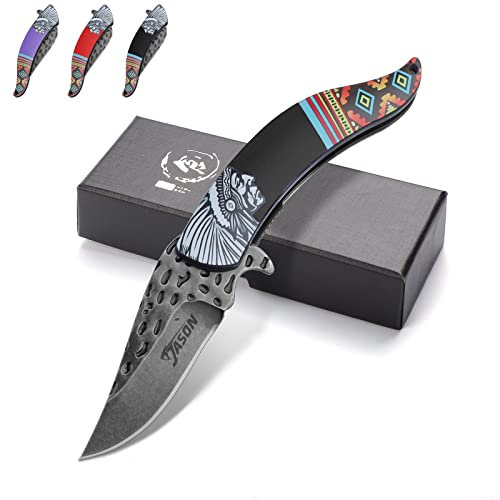 JASON Schwarzes Klappmesser Einhandmesser Taschenmesser mit geschmiedeter Klinge Scharfes Jagdmesser im Indianerstil für Camping Abenteuer Jagd mit Geschenkbox
