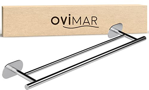 ovimar doppelte Badetuchstange Bago | Edelstahl | Silber | ohne Bohren | mit Zwei Streben als Handtuchhalter von bis zu Zwei Badehandtüchern | selbstklebend an der Wand im Badezimmer