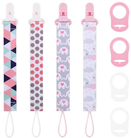 4 Piezas Cadena Chupete Bebe, Chupetes de Clip Bebé con 4 Anillo Silicona Adaptador de Chupete, Cadena Chupete Tela Sujeta Chupete para Niños y Niñas Baby Shower
