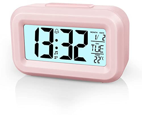 Vicloon Digital väckarklocka, nattduksbord, LCD-display bordsklocka med snooze, 12/24 timmar, datum, temperaturvisning, timerfunktion, batteridriven för sovrum, hemmakontor, resor (rosa)