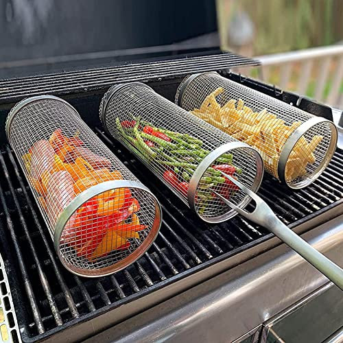 BAtlam BBQ-Rollgrillkorb, tragbarer Edelstahl-Drahtgeflecht-Zylinder-Grillkorb, Grillrost für Grillgemüse im Freien, Pommes Frites | Grillzubehör, 5er-Pack, 20CM (10er-Pack 20CM)