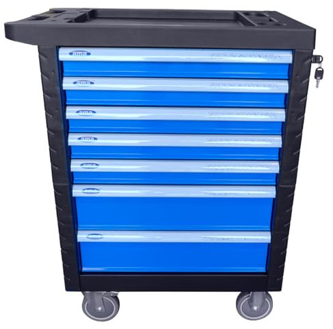 AMA Carrello Porta Attrezzi Professionale da Officina - 7 Cassetti e 250 Utensili Assortiti, Ruote Pivottanti con Freno, Chiusura Centralizzata, Peso 75 kg